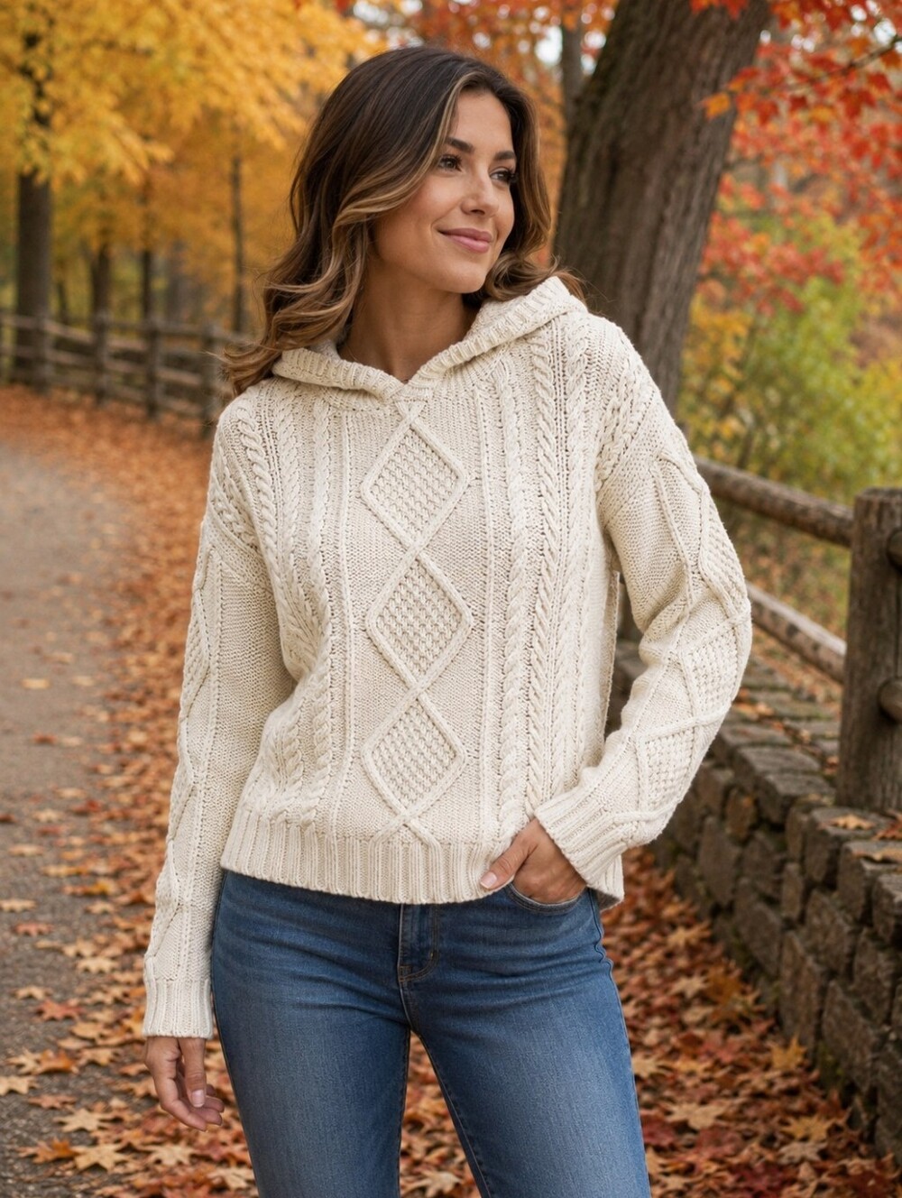 Aeropostale Cream Cable Knit Hooded Sweater | Size S |Textured Cozy Pullover